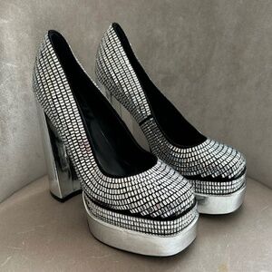 AZALEA WANG Disco Ball Metallic Silver & Rhinestone Baguette Platform Heels, 7.5